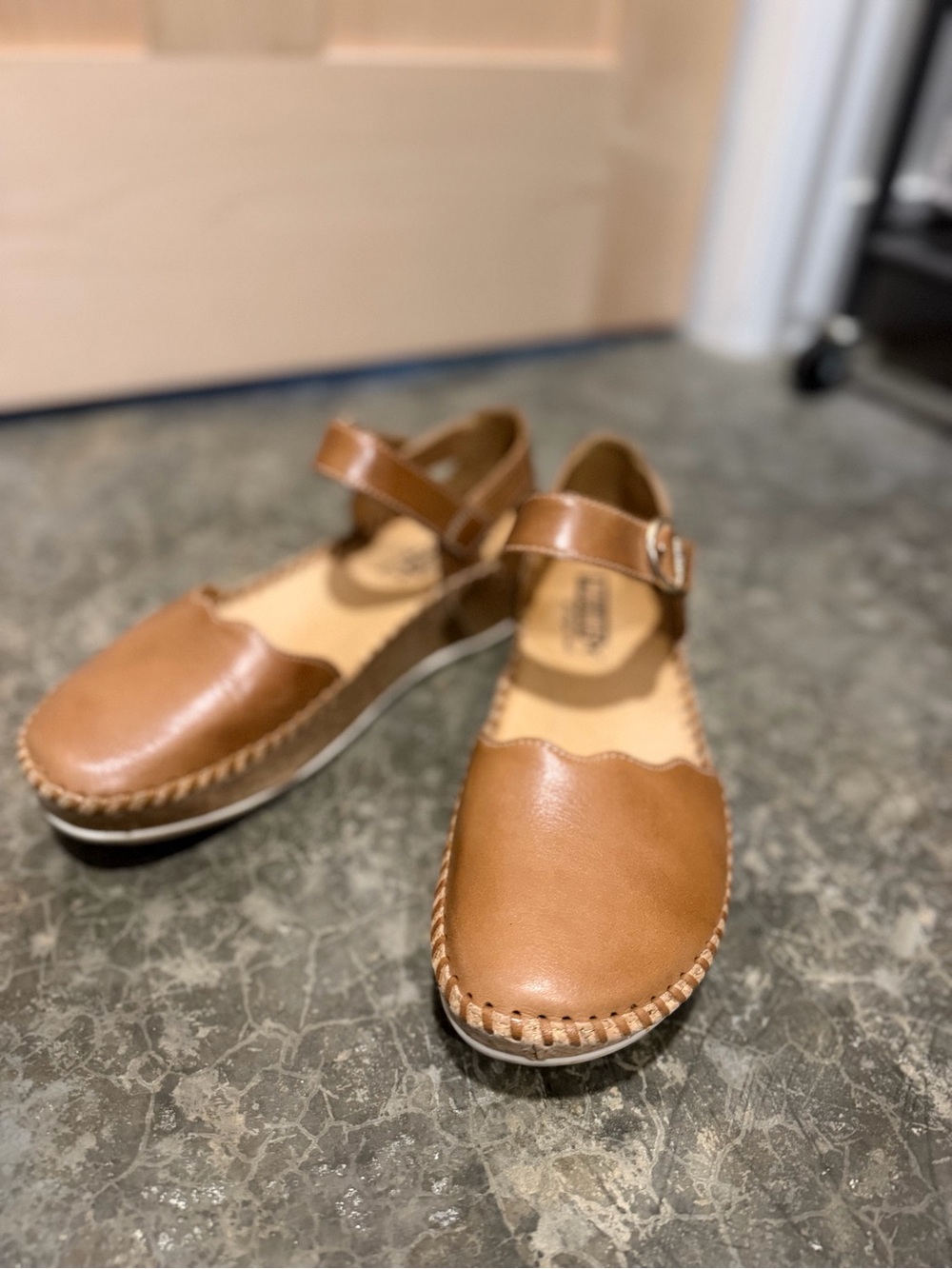 PIKOLINOS Cognac Leather Wedge Mary Janes